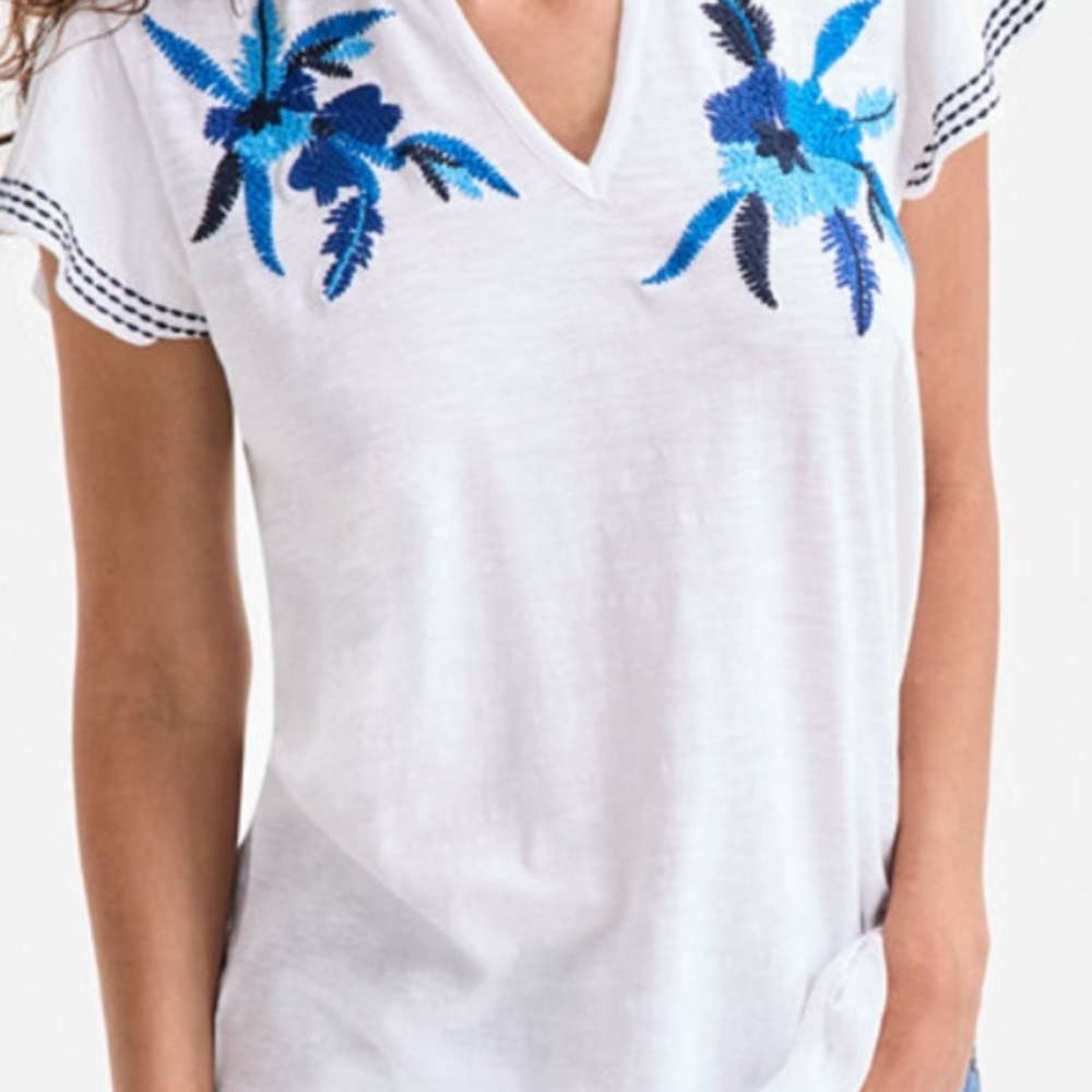 Style & Co Women's White Tee Top 💯 Cotton, Bold Embroidery, Cap Sleeve (XL)